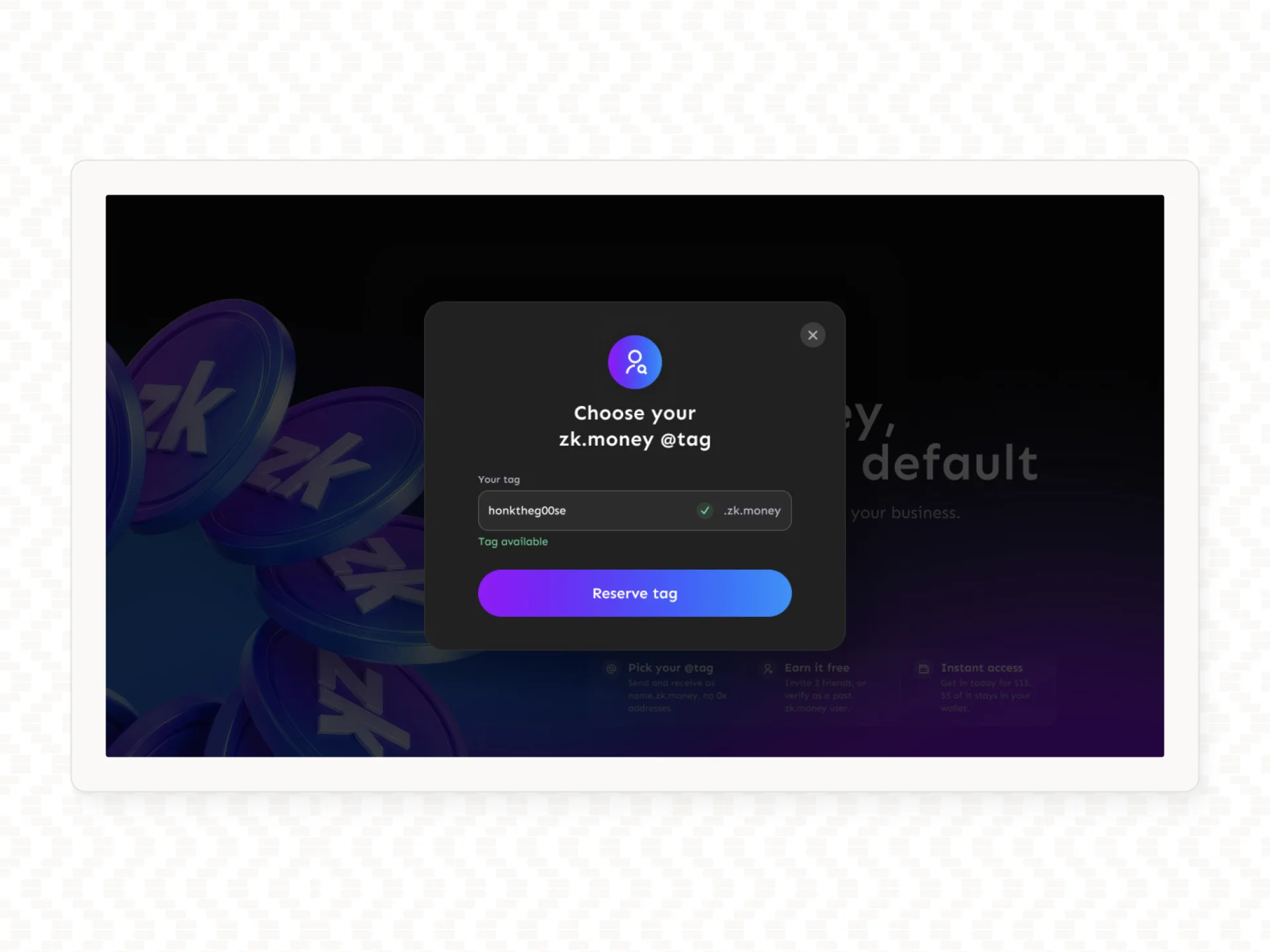 zk.money onboarding screen showing a user choosing and reserving a '.zk.money' tag.